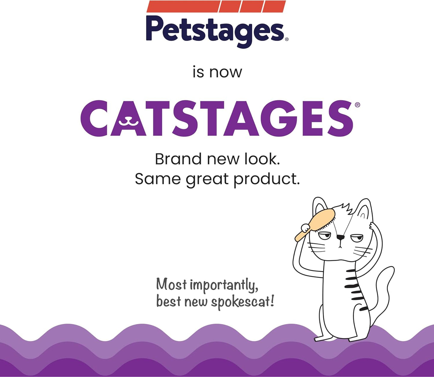 Advertisement for Catstages with a cartoon cat and brand name text on a white background.