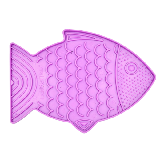 purple fish-shaped Lickimat Felix slow feeder for cats