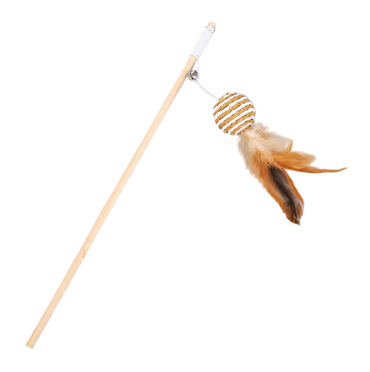 cat feather wand toy with wooden pole and jute lure