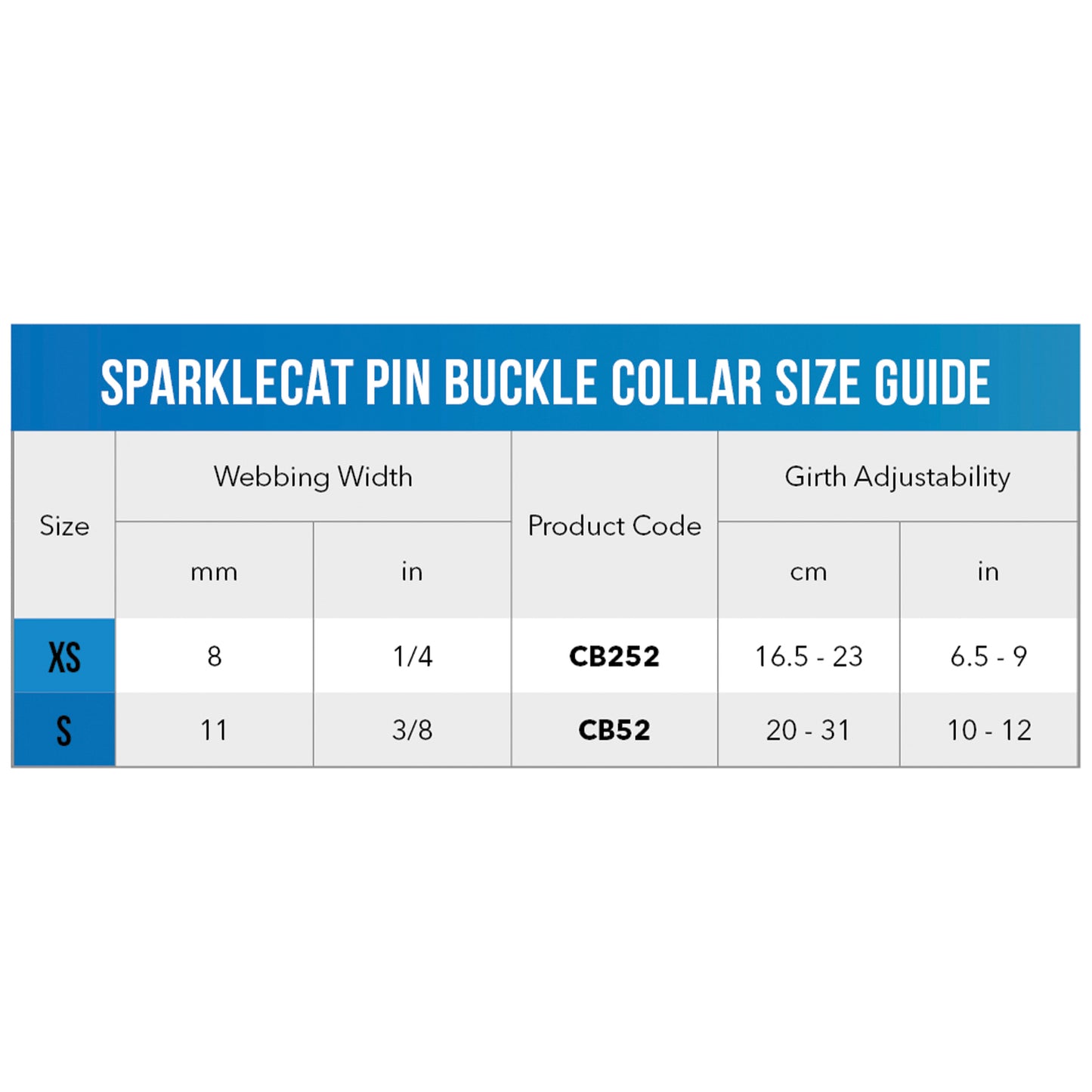 Rogz SparkleCat Pin Buckle Collar size guide showing XS and S collar measurements and product codes