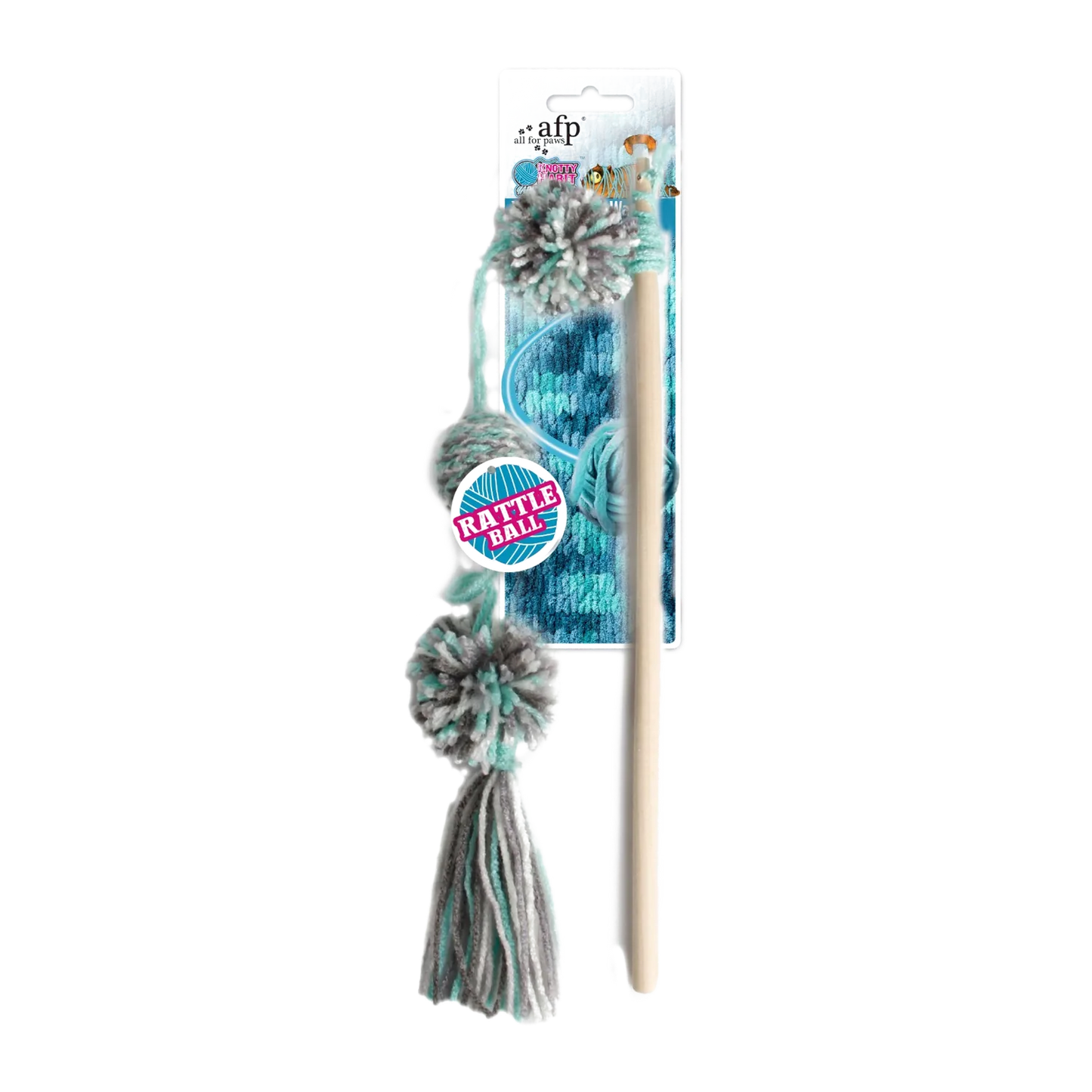 AFP Knotty Habit Yarn Pom Wand cat toy showing pastel yarn pom attachments