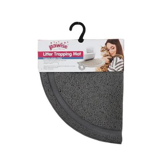 Gray litter trapping mat with Pawise branding and a woman holding a cat on the packaging.