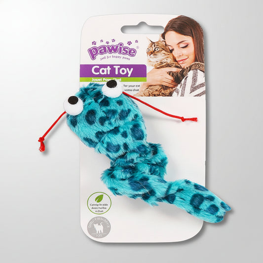 Blue plush catnip snake toy for cats with soft spotted fabric