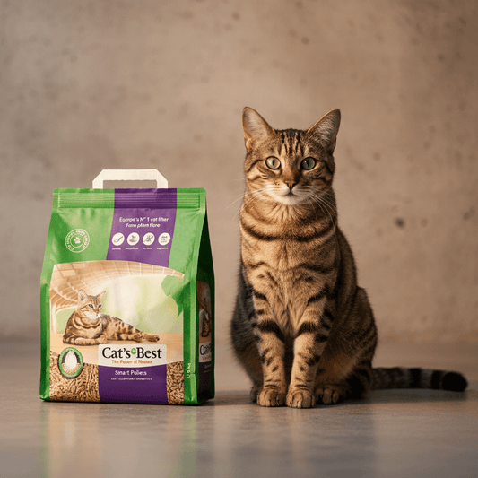 Cat’s Best Smart Pellets cat litter bag with tabby cat beside it