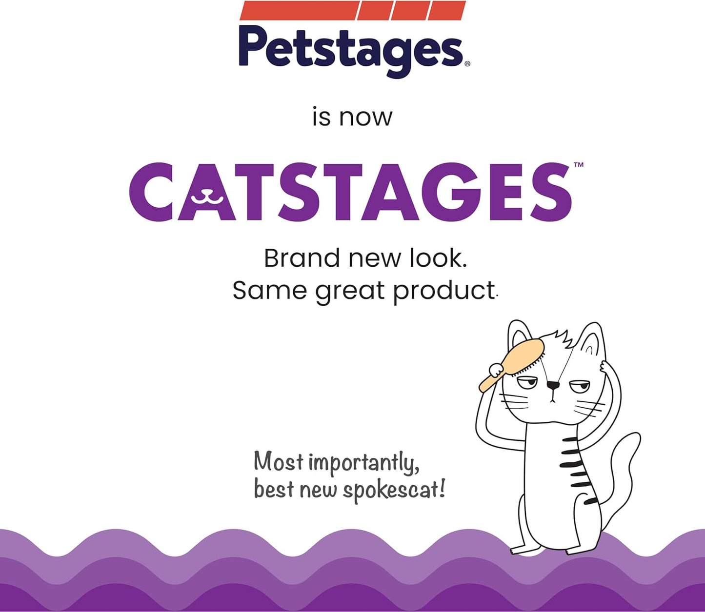 Catstages promotional banner with cat character illustration and purple wave pattern