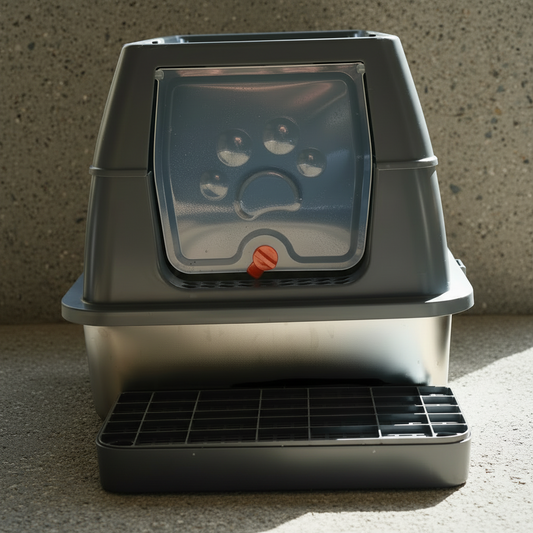 Grey stainless steel enclosed litter box with step and plastic door.