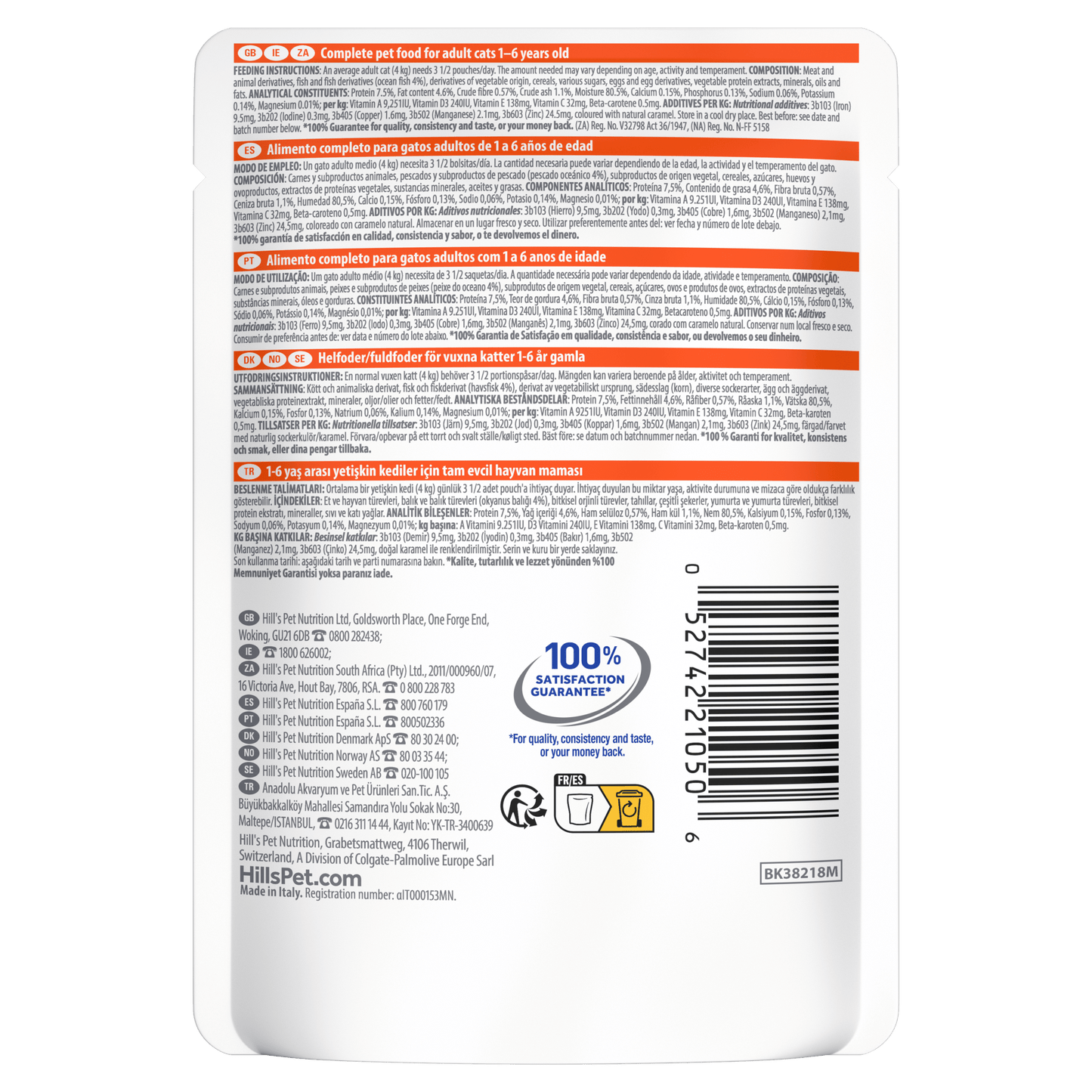 Back of Hill’s Science Plan Adult Wet Cat Food Ocean Fish 85g pouch showing ingredients, analysis and feeding guide