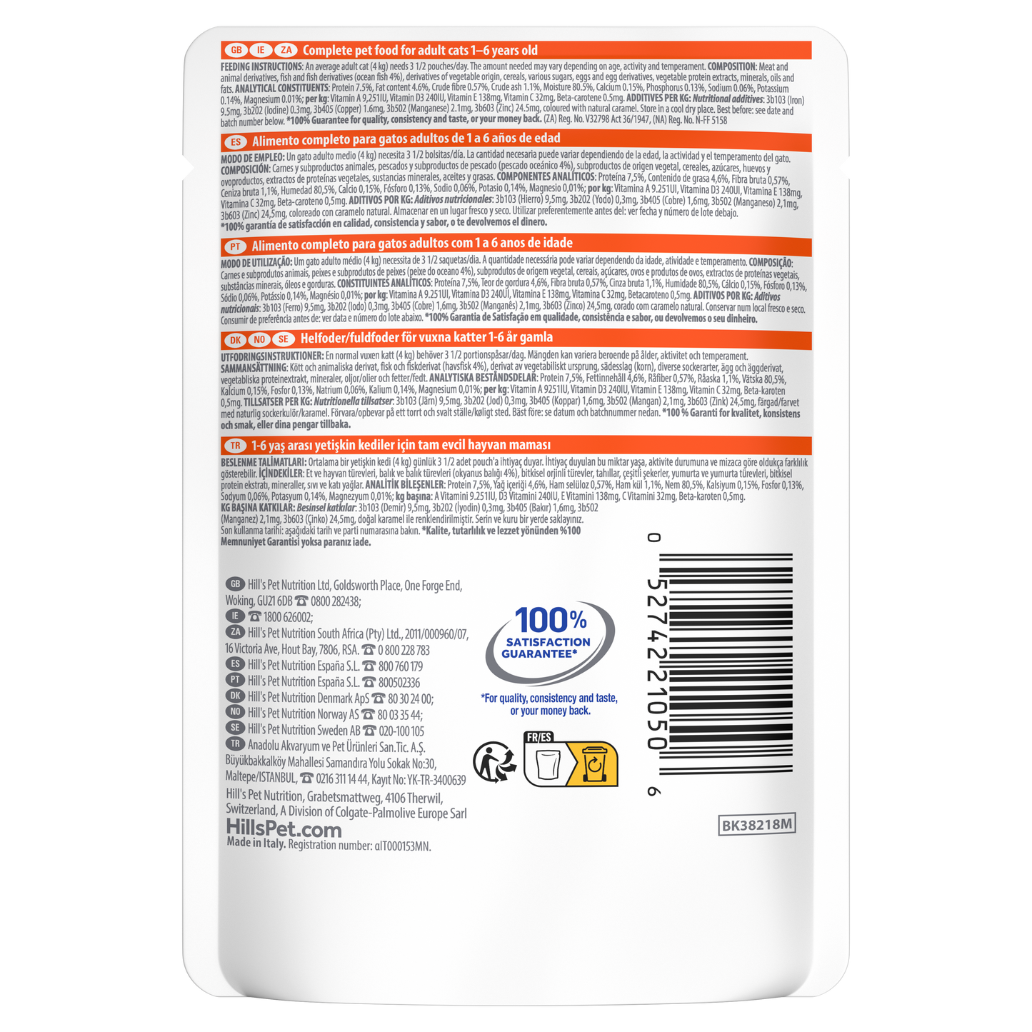 Back of Hill’s Science Plan Adult Wet Cat Food Ocean Fish 85g pouch showing ingredients, analysis and feeding guide