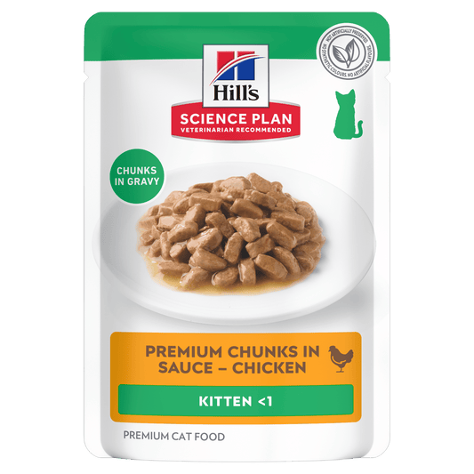 Wet kitten cat food pouch with chicken chunks in gravy, front label