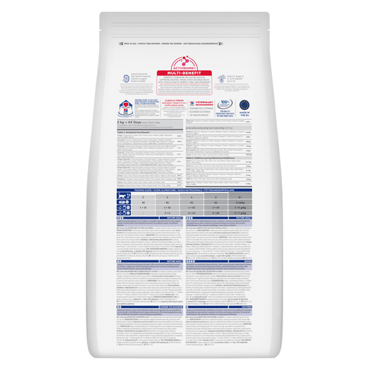 Hill's Science Plan mature adult cat food bag, back label with feeding and nutrition tables