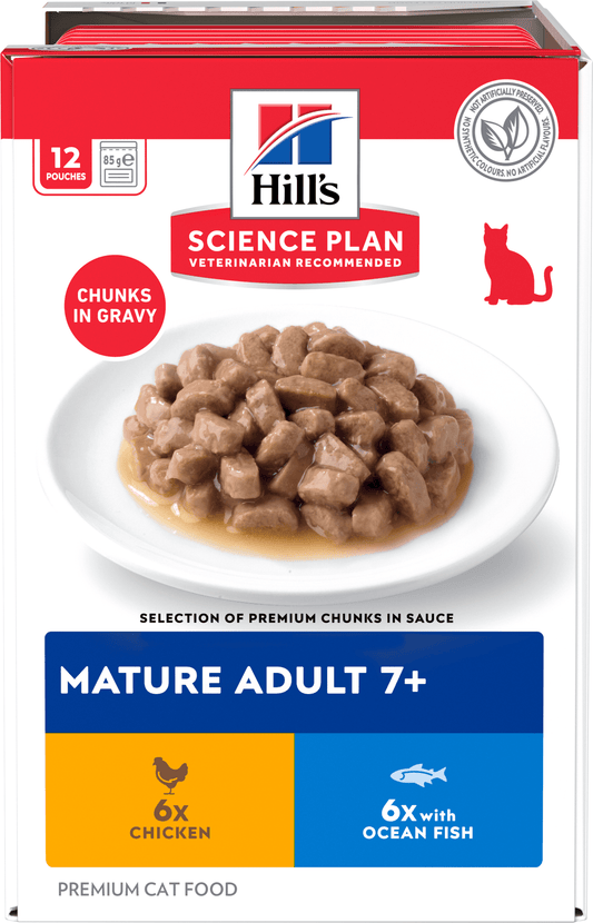 Mature adult cat food pouch multipack, chunks in gravy, chicken & ocean fish