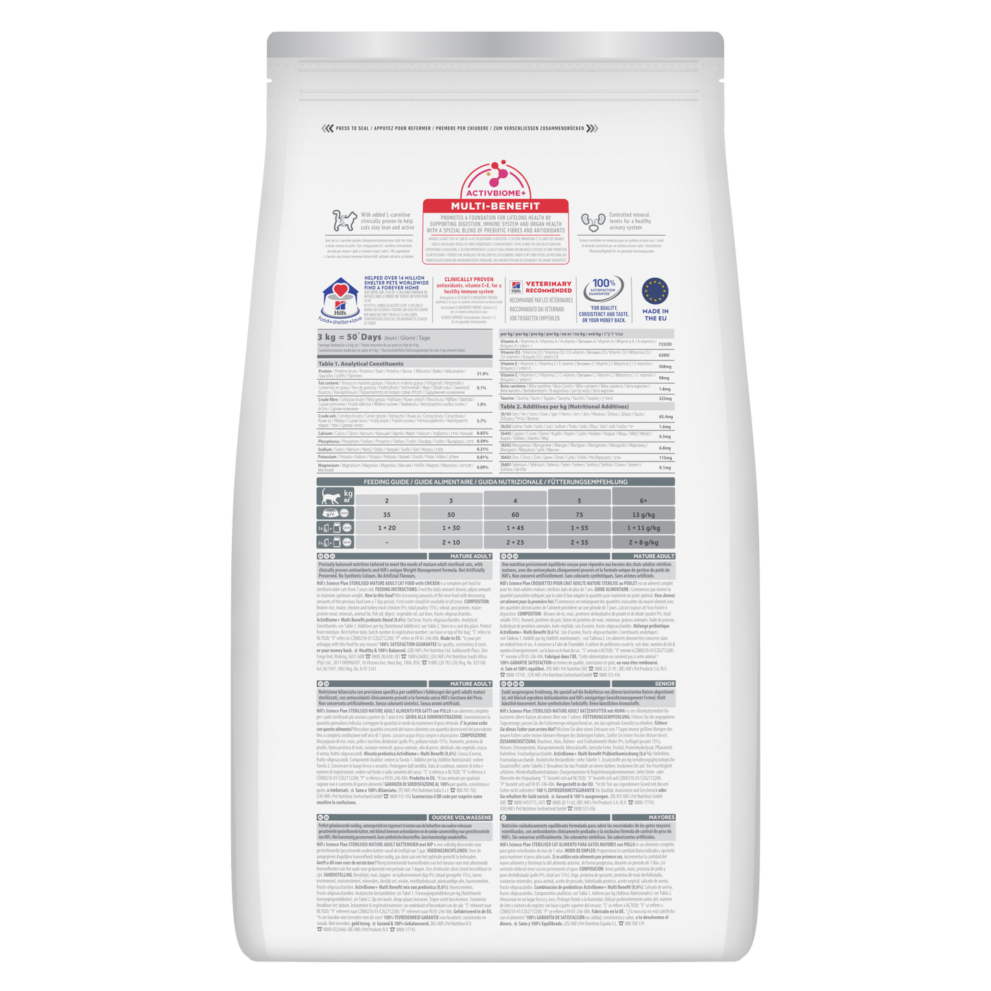 Hill's Science Plan sterilised adult dry cat food back label on pouch
