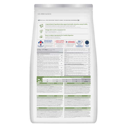 Hill's Science Plan senior vitality dry cat food bag, back nutrition label