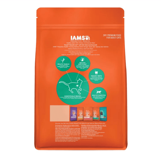IAMS Proactive Health adult cat food pouch back panel with feeding and health info