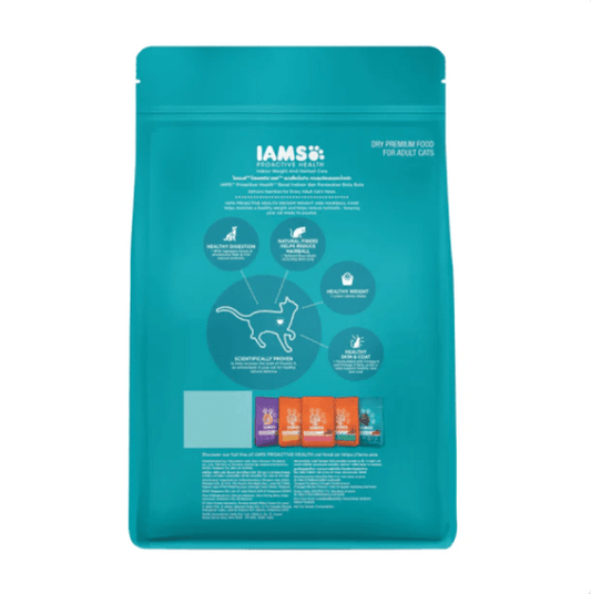 Teal IAMS Proactive Health cat food bag back panel with feeding and ingredient info