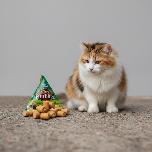 Adult cat with Inaba Churu Fun Bites chicken and tuna cat treats