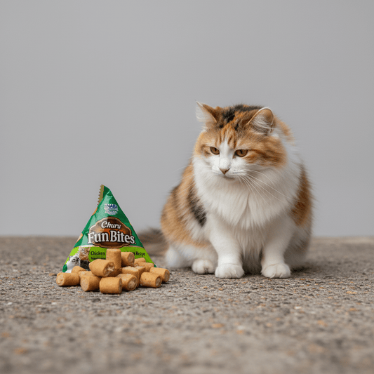 Cat with Inaba Churu Fun Bites cat treat pouch and chicken and tuna bite snacks