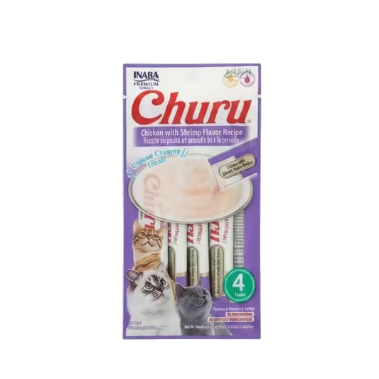 INABA Churu creamy lickable cat treat tubes pack, purple chicken with shrimp recipe, 4 tubes