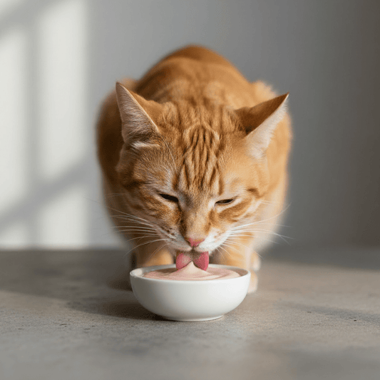 Orange tabby cat licking creamy cat treat from a small white bowl
