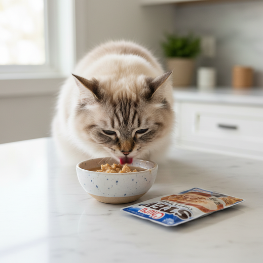 Cat eating Inaba Churu Stew Chicken and Tuna Recipe from a bowl