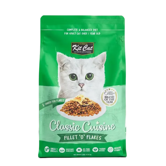 Green Kit Cat Classic Cuisine Fillet 'O' Flakes adult dry cat food bag front