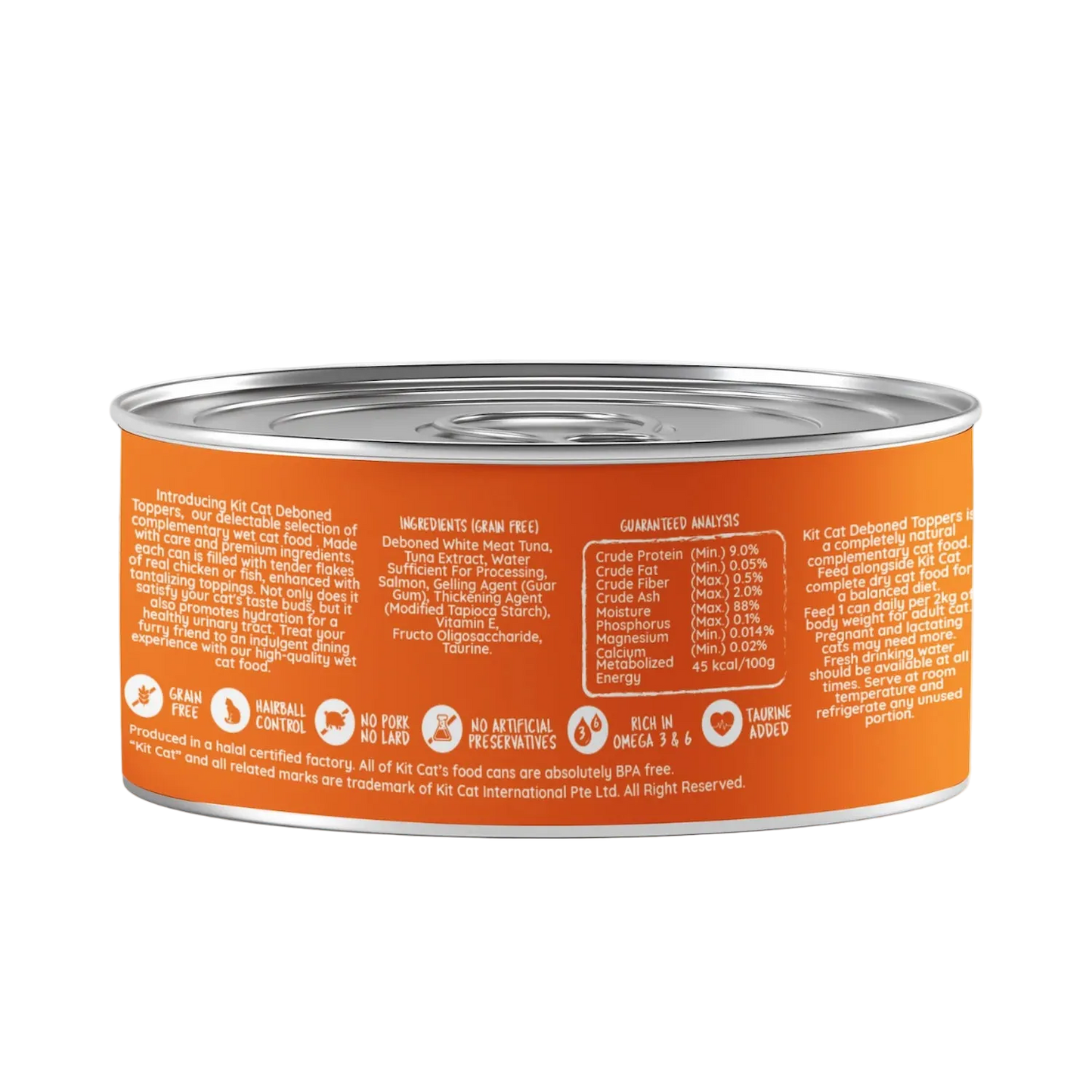 Back of Kit Cat Deboned Toppers Tuna & Salmon can showing ingredients, guaranteed analysis and feeding guide