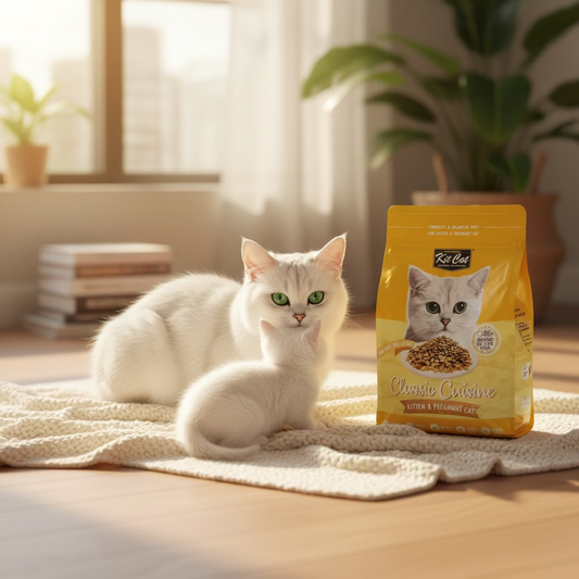 Kit Cat Kitten & Pregnant Dry Cat Food 1.2kg pack next to a white cat