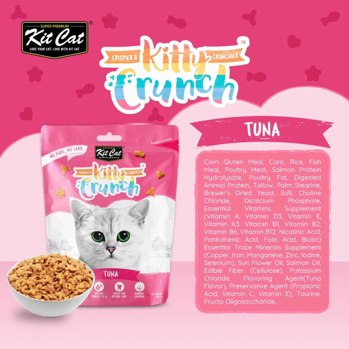 Kit Cat Kitty Crunch Tuna crunchy cat treats 60g with ingredient panel and packaging.
