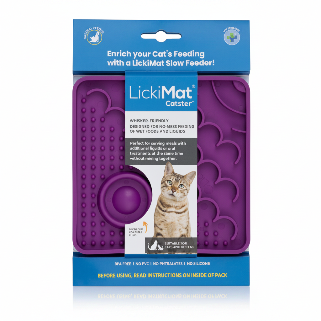 Front view of LickiMat Catster retail packaging showing whisker-friendly slow feeder for cats.