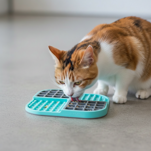 Cat eating from a LickiMat Slomo slow feeder designed for enrichment and slower feeding