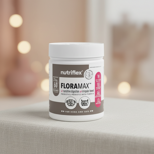 Nutriflex FloraMax supplement container on a surface with a blurred background