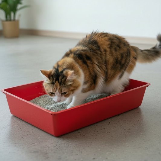Cat using a red litter box on a cement floor with a plant in the background