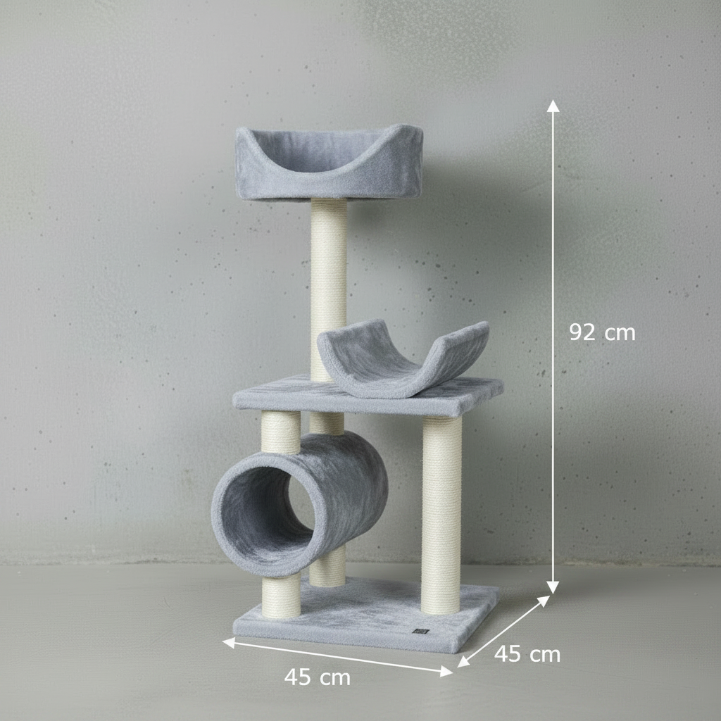PetRebels Portland 92 grey cat tree size guide showing 92 cm height and 45 x 45 cm base dimensions