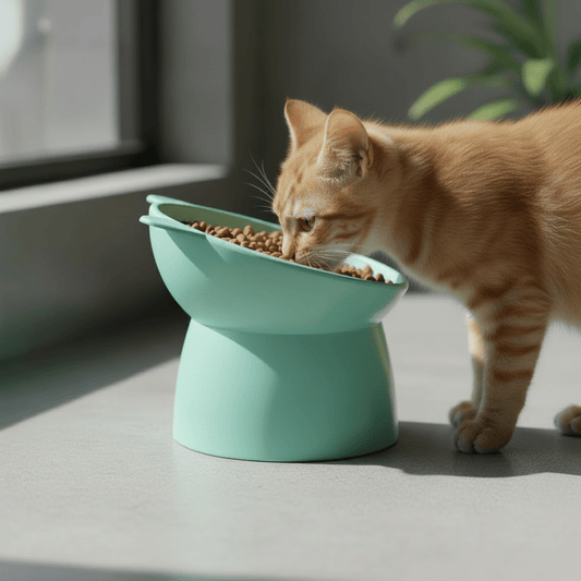 Green raised cat feeding bowl with elevated stand and wide dish for food