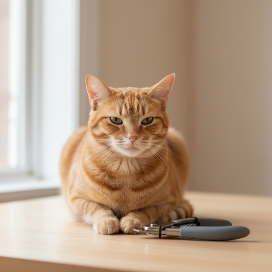Ginger cat sitting next to a Rosewood Guillotine Nail Clipper