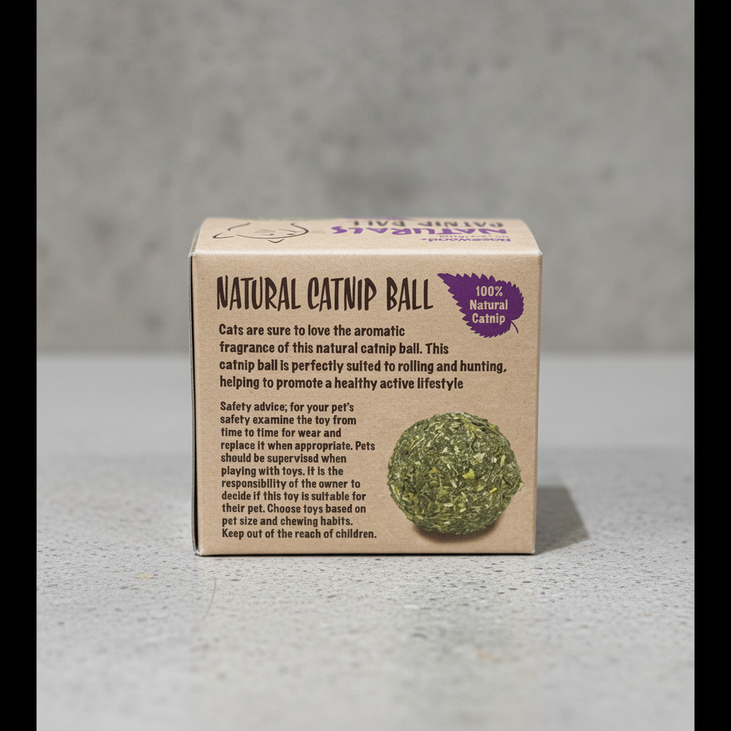 Side of Rosewood Naturals Catnip Ball box showing safety information
