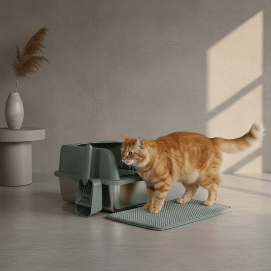 Dark green high-wall cat litter box with scoop and textured anti-slip mat