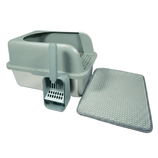 Stainless steel Cat litter box with scoop and mat on a white background