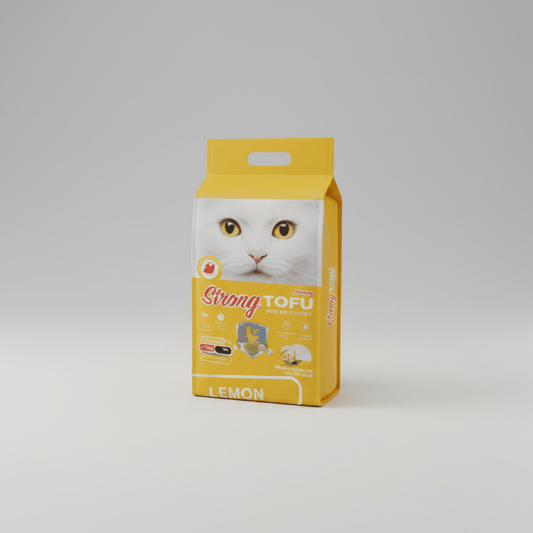 Tofu cat litter bag, lemon scent, yellow package with cat face and handle