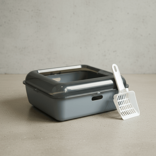 Gray-blue cat litter box with scoop set beside the open tray