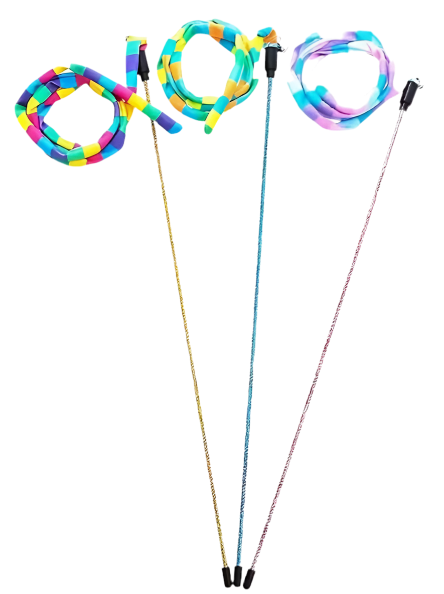 Three colourful cat teaser with a glitter-infused wand and colourful linen teaser. 