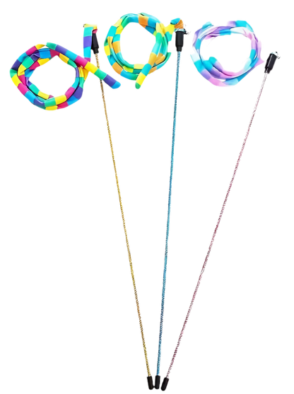Three colourful cat teaser with a glitter-infused wand and colourful linen teaser. 