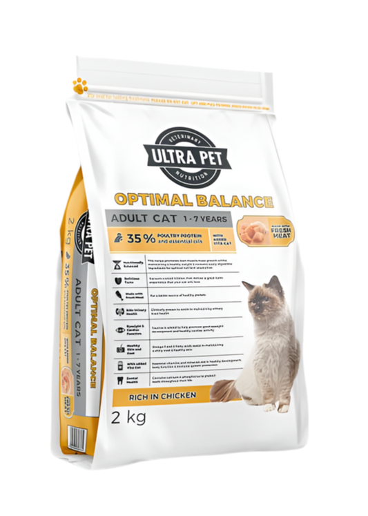 Bag of Ultra Pet Optimal Balance Adult Cat food 2kg or 4kg.
