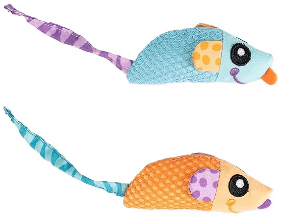 Two colorful mouse-shaped catnip toys 