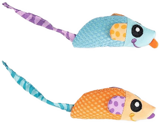 Two colorful mouse-shaped catnip toys 