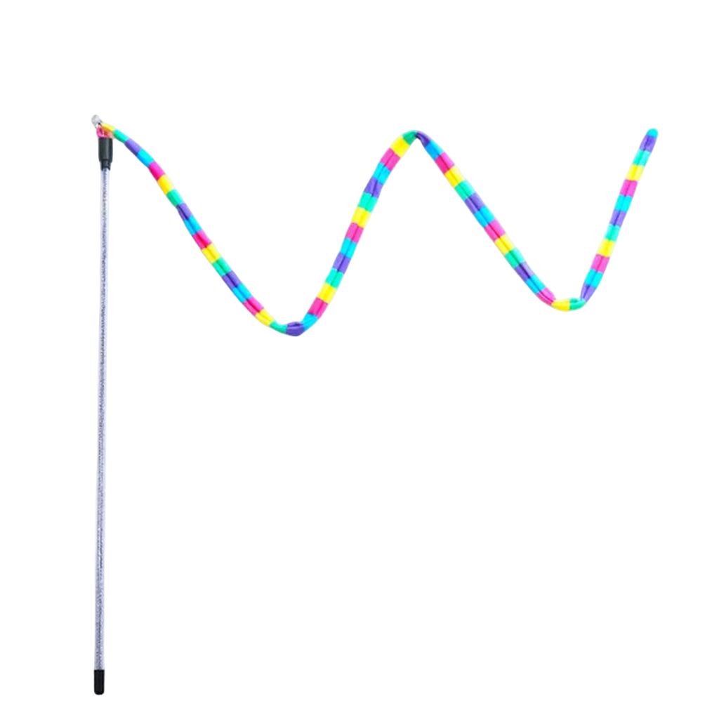 A colourful cat teaser with a glitter-infused wand and colourful linen teaser. 