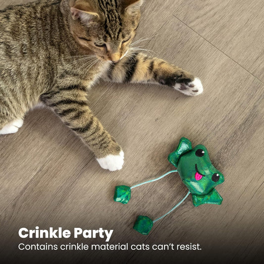 Tabby cat playing with the Petstages Toss 'N Dangle Frog catnip cat toy