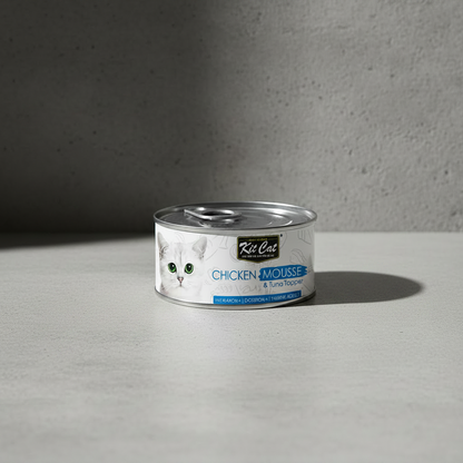 Can of Kit Cat Chicken Mousse & Tuna Topper cat food on a white background