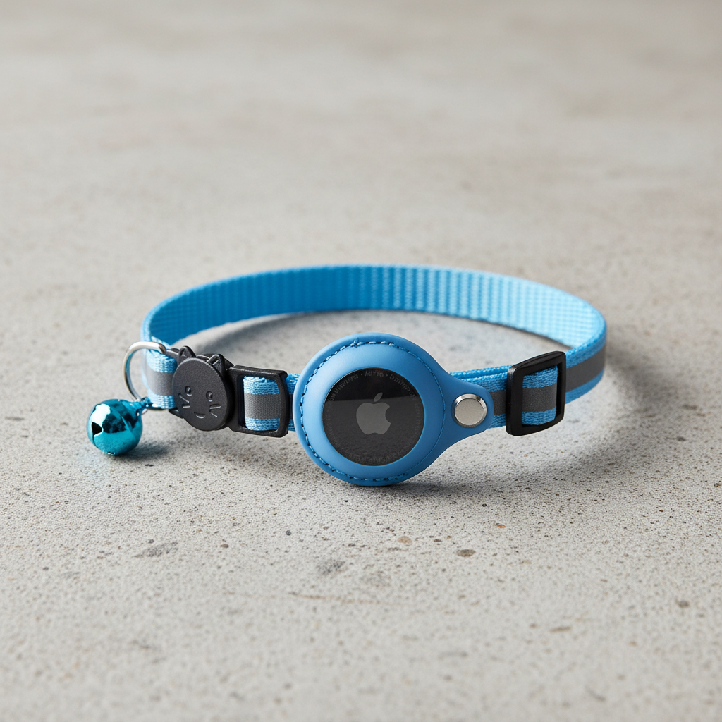 Blue adjustable cat collar with black AirTag holder and hanging charm