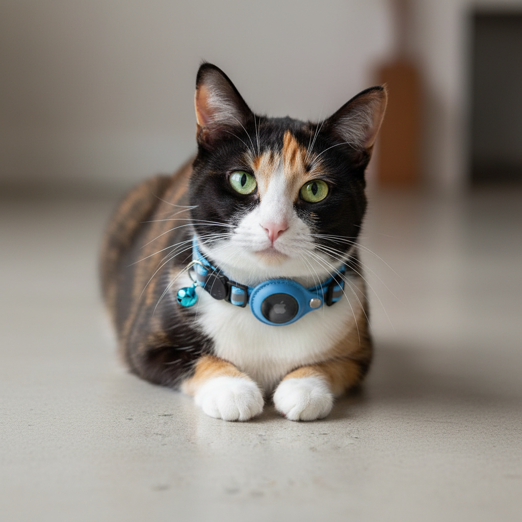 Calico cat wearing blue adjustable AirTag collar with charm and round tag holder